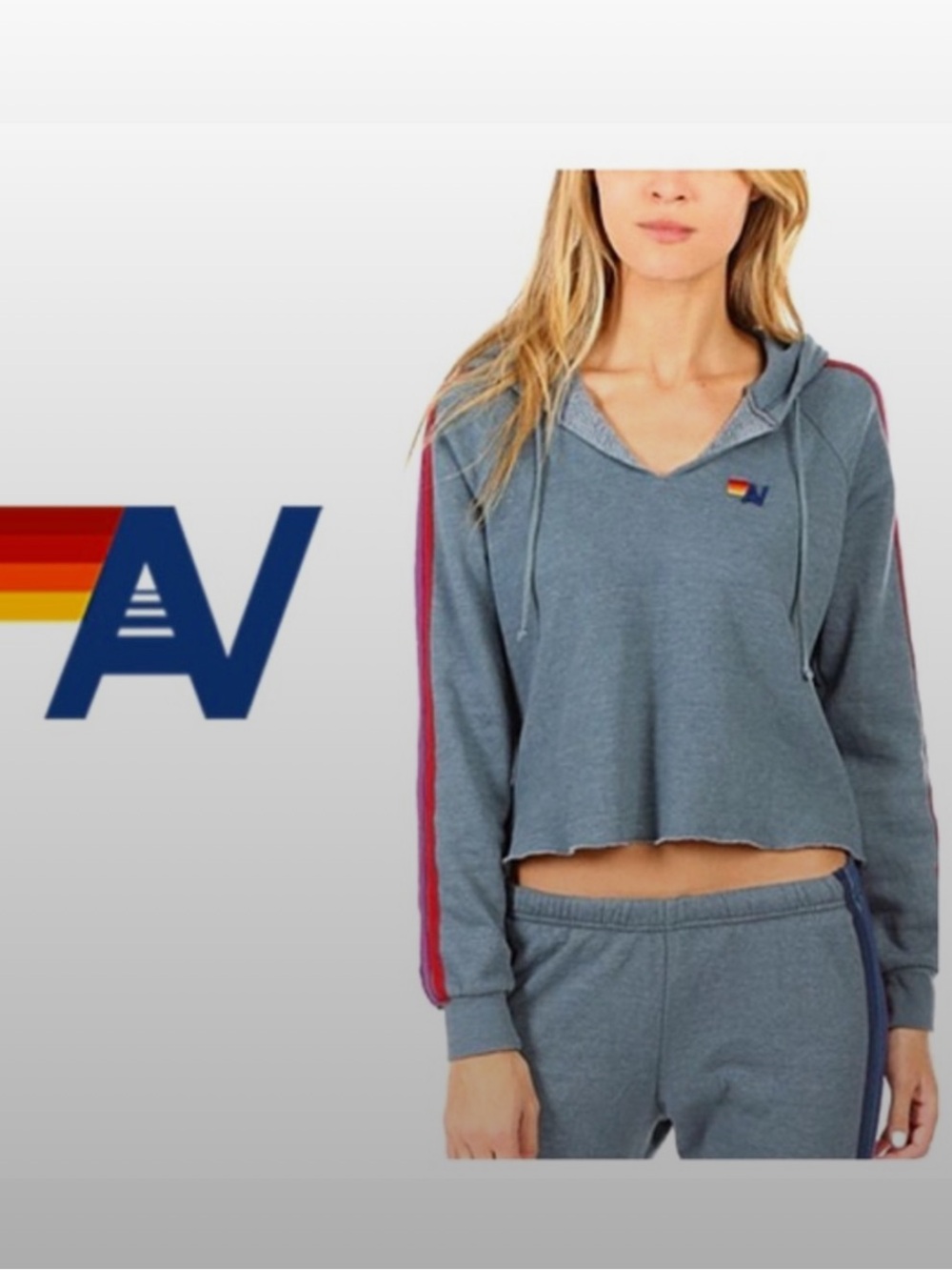Aviator Nation Heather Gray Grey Blue Cropped Hoodie w Red Purple Sleeve Stripe